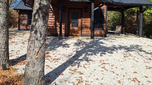 A log cabin with a covered porch and a gravel driveway. - Secluded Sunset a charming rustic 1-bedroom cabin in Ringold (Ringold)