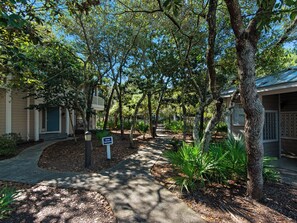 A tree-lined pathway leading to a building with a sign that reads "Welcome to the Village." - First Floor Cottage at Hidden Dunes, Near Tennis Courts (Miramar Beach)