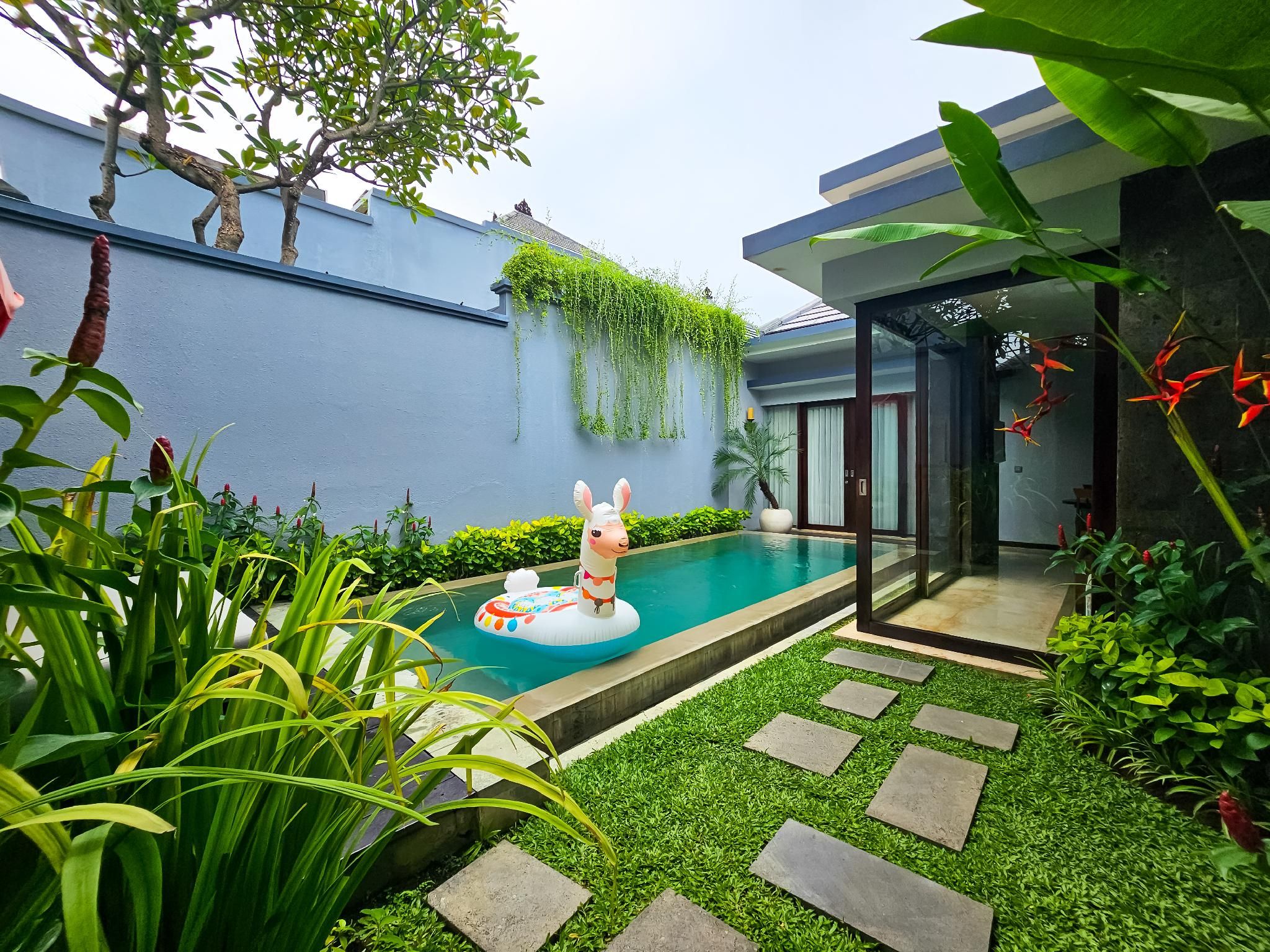 Piscina com boia decorativa, rodeada por vegetação exuberante e uma parede azul.