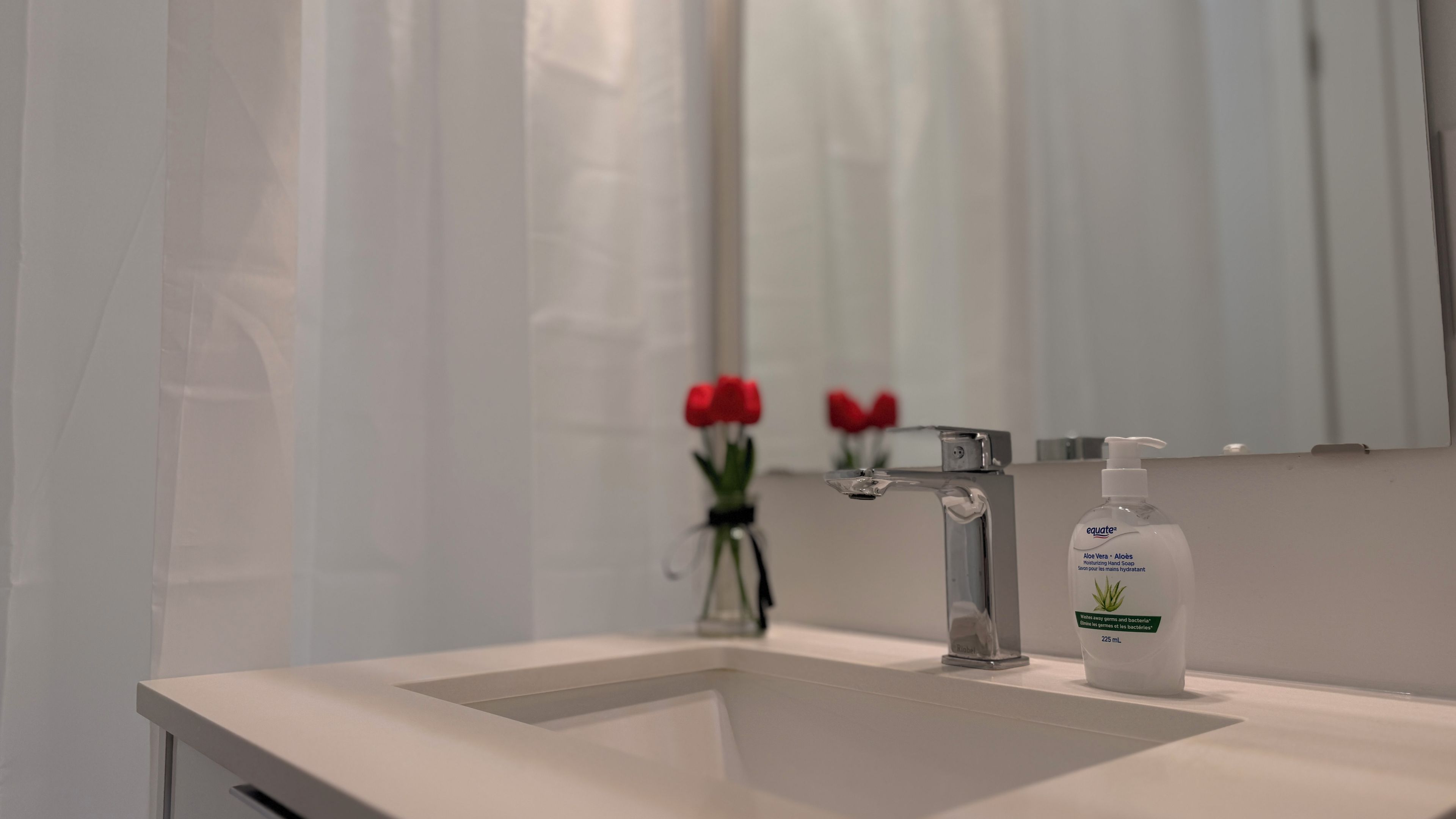 A bathroom with a white sink, a mirror, and a bottle of Equate Aloe Vera hand soap.