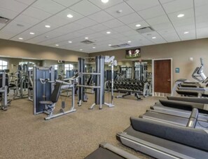 A gym with various exercise equipment, including treadmills and weight machines.