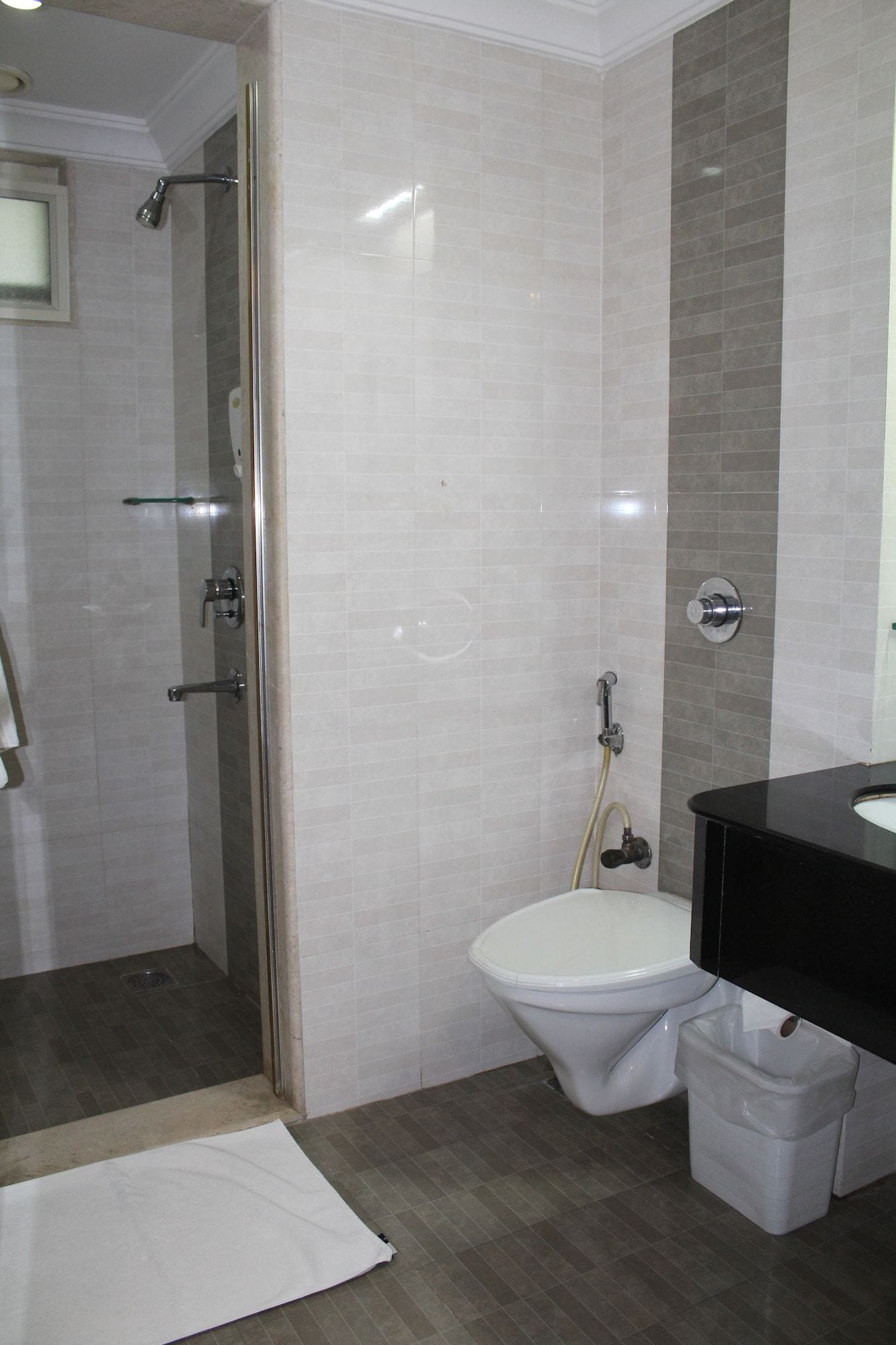 A bathroom with a shower, toilet, and sink.