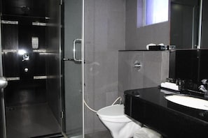 A modern bathroom with a glass-enclosed shower, a white toilet, and a black sink with a mirror. - The Lotus Service Apartments (Chennai)