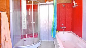 A bathroom with a shower enclosure, a bathtub, and a towel rack. - De - Laila Group Of House Boats (Srinagar)