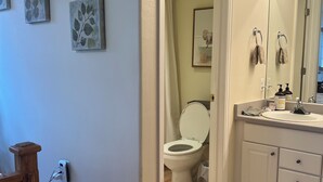 Een badkamer met toilet, wastafel en een spiegel met verlichting. Er hangen kunstwerken aan de muur en de vloer is van hout.