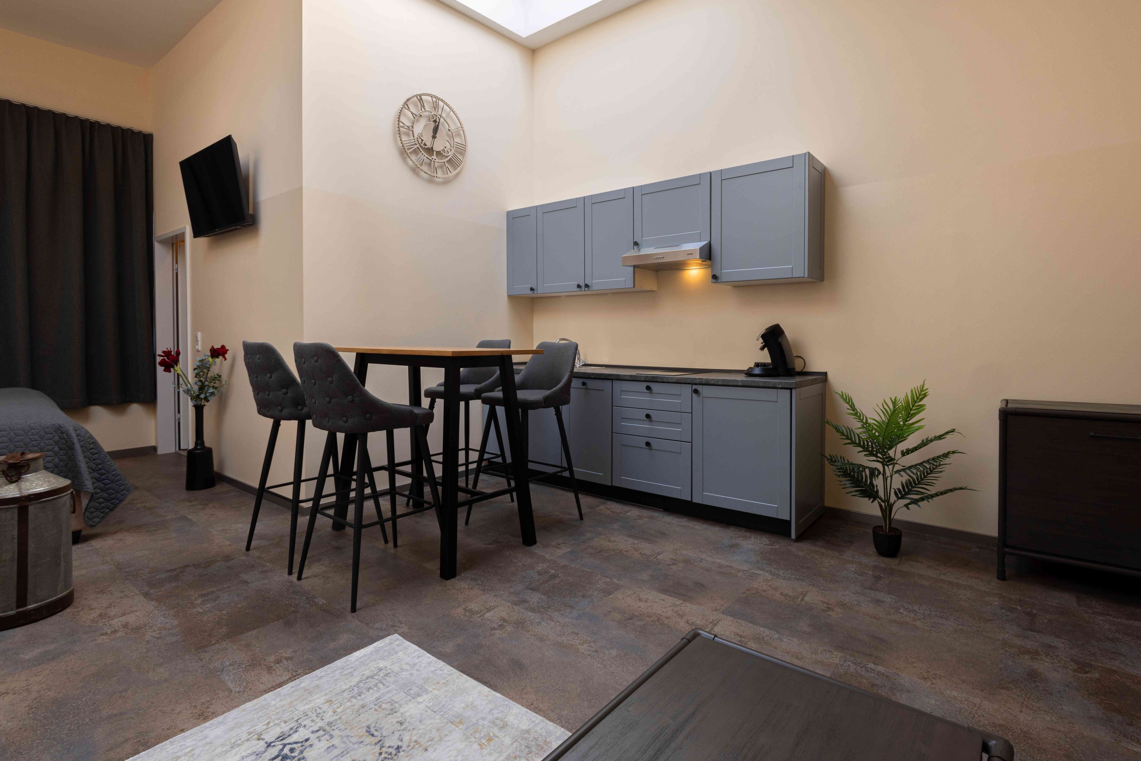 Een compacte leefruimte met een kitchenette, een eethoek met barkrukken, een wandtelevisie en een potplant.