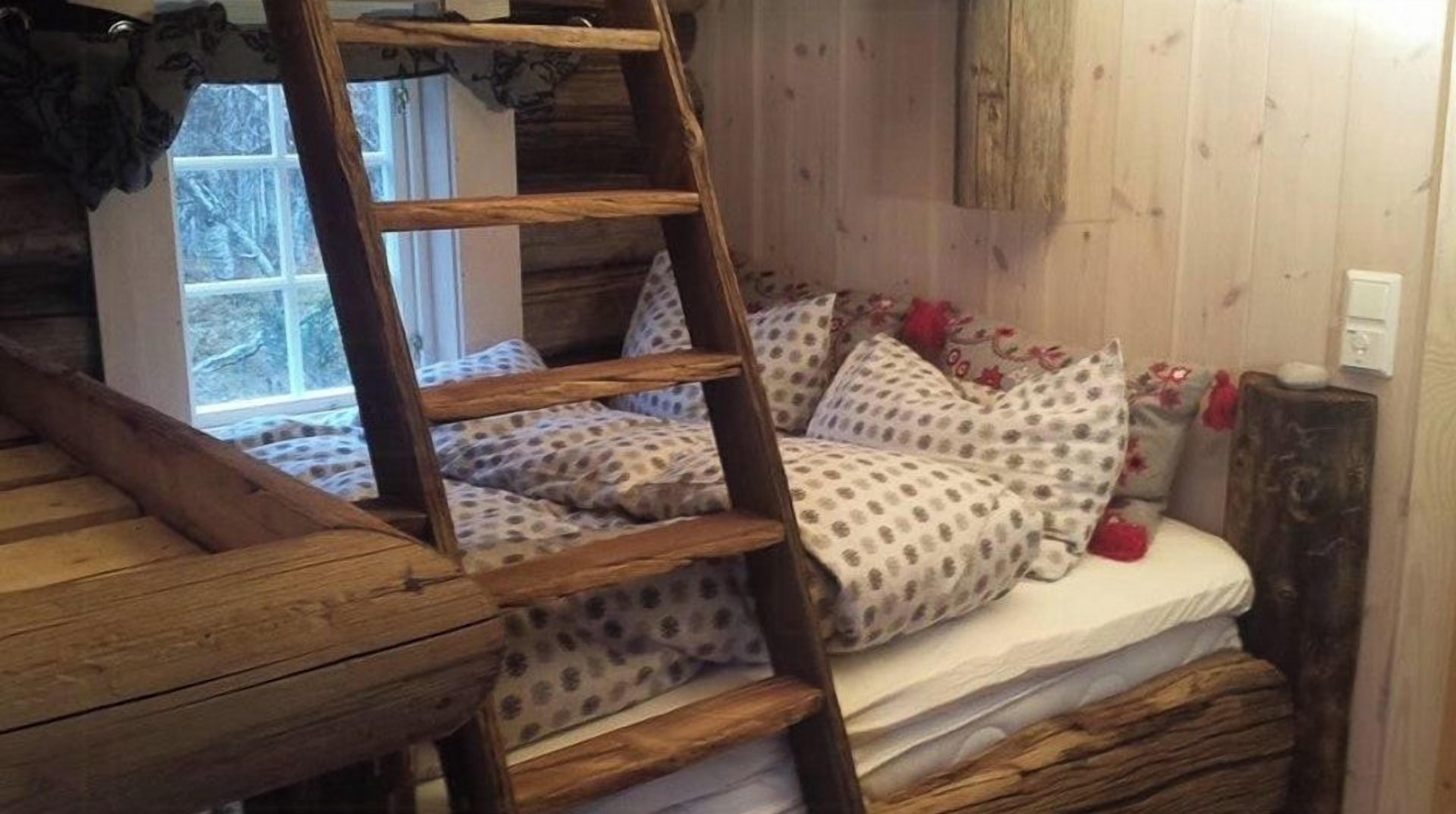 A bunk bed with a wooden ladder, a window with a view, and a wooden wall.