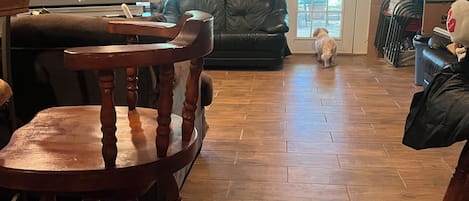Un comedor con sillas de madera y un televisor.