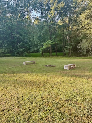 A park with two benches and a fire pit.