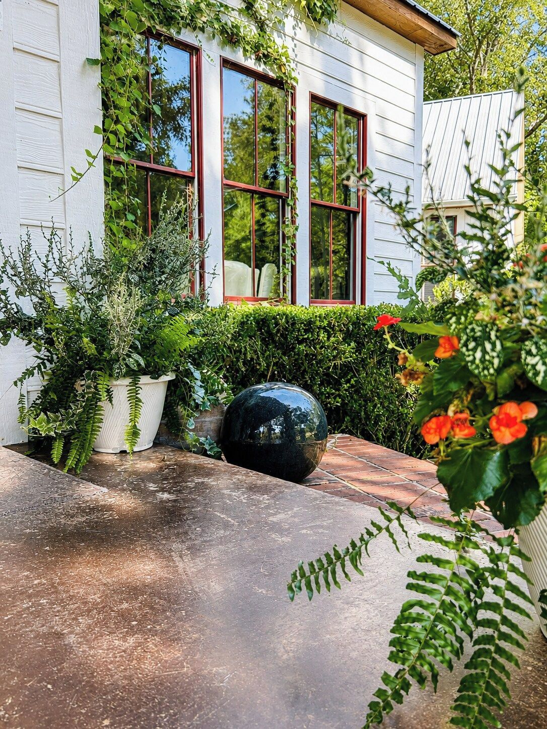Et hus med have, et stort vindue og en potteplante.
