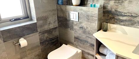 A modern bathroom with a toilet, sink, and a potted plant on a shelf.