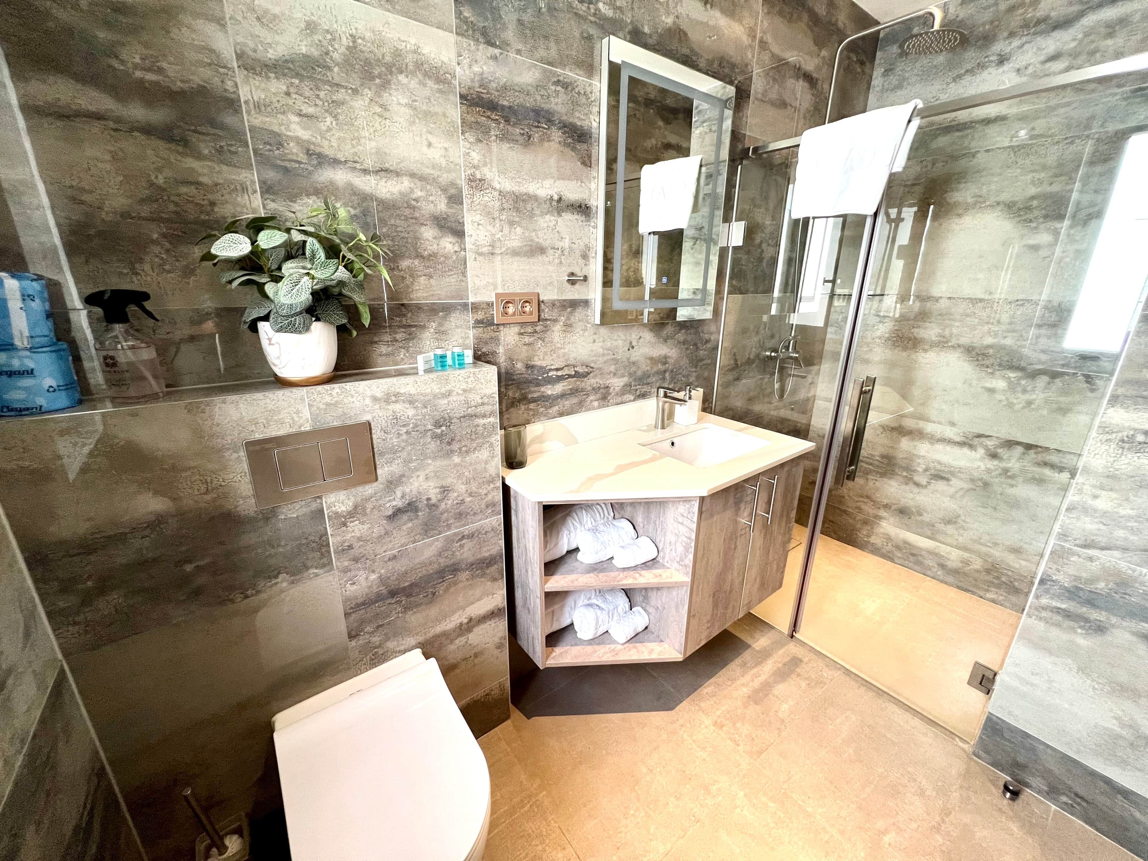 A modern bathroom with a glass shower enclosure, a built-in sink, and a potted plant.