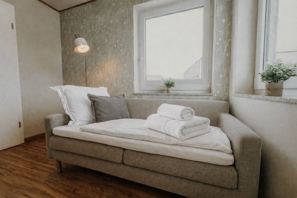 Ein sofasofa in neutralen Farbtönen mit einer weißen Decke und aufgerollten Handtüchern, einer Stehlampe und einem Fenster mit Blick auf Gebäude.