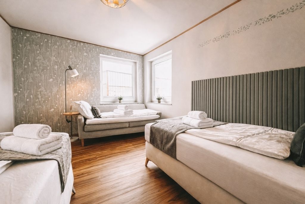 Ein Schlafzimmer mit zwei Betten, einem Schlafsofa, einer Lampe und einem Fenster mit Blick.