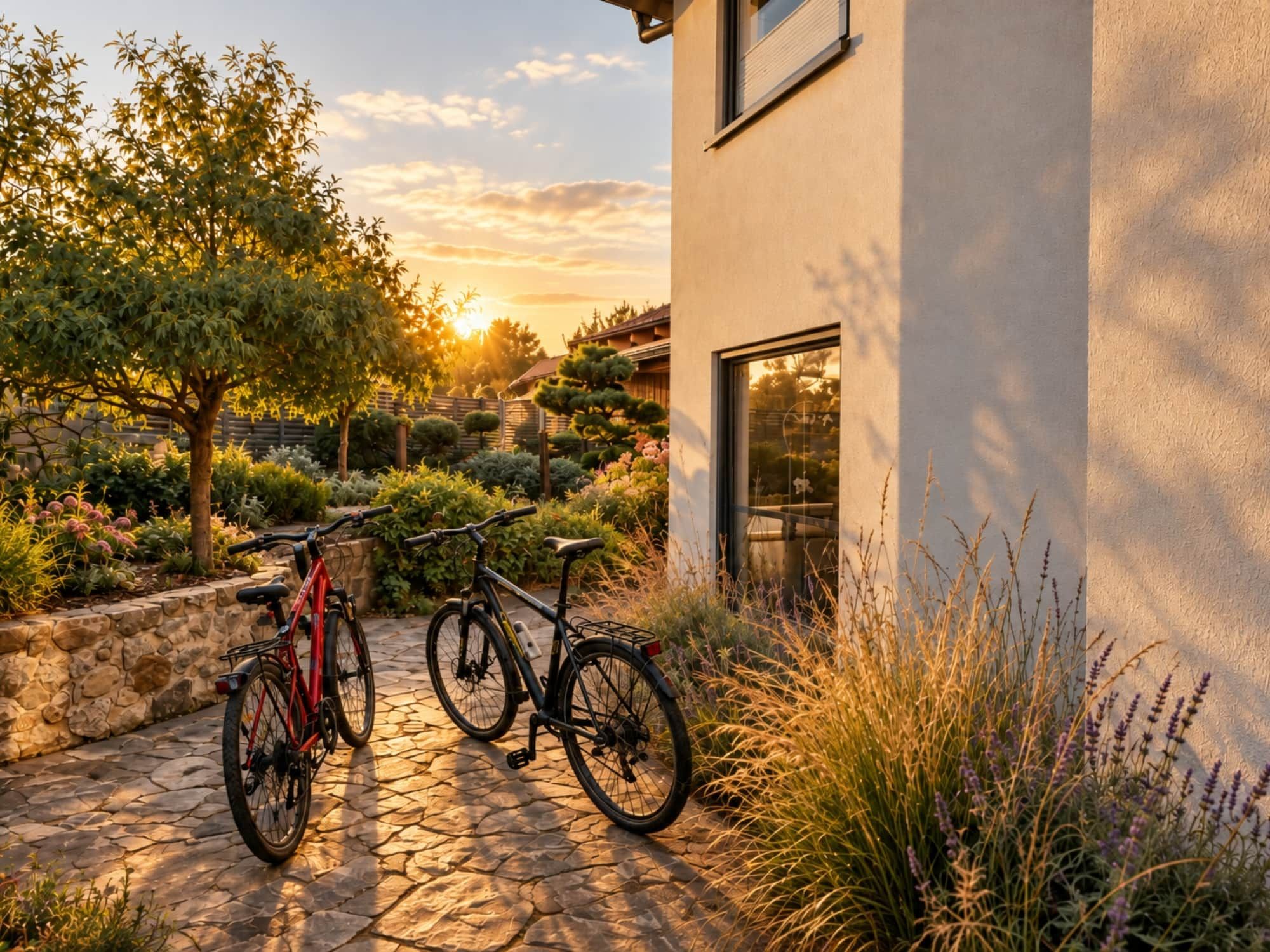 A paved pathway leading to a building with a large window, surrounded by various plants and two bicycles parked on the side.