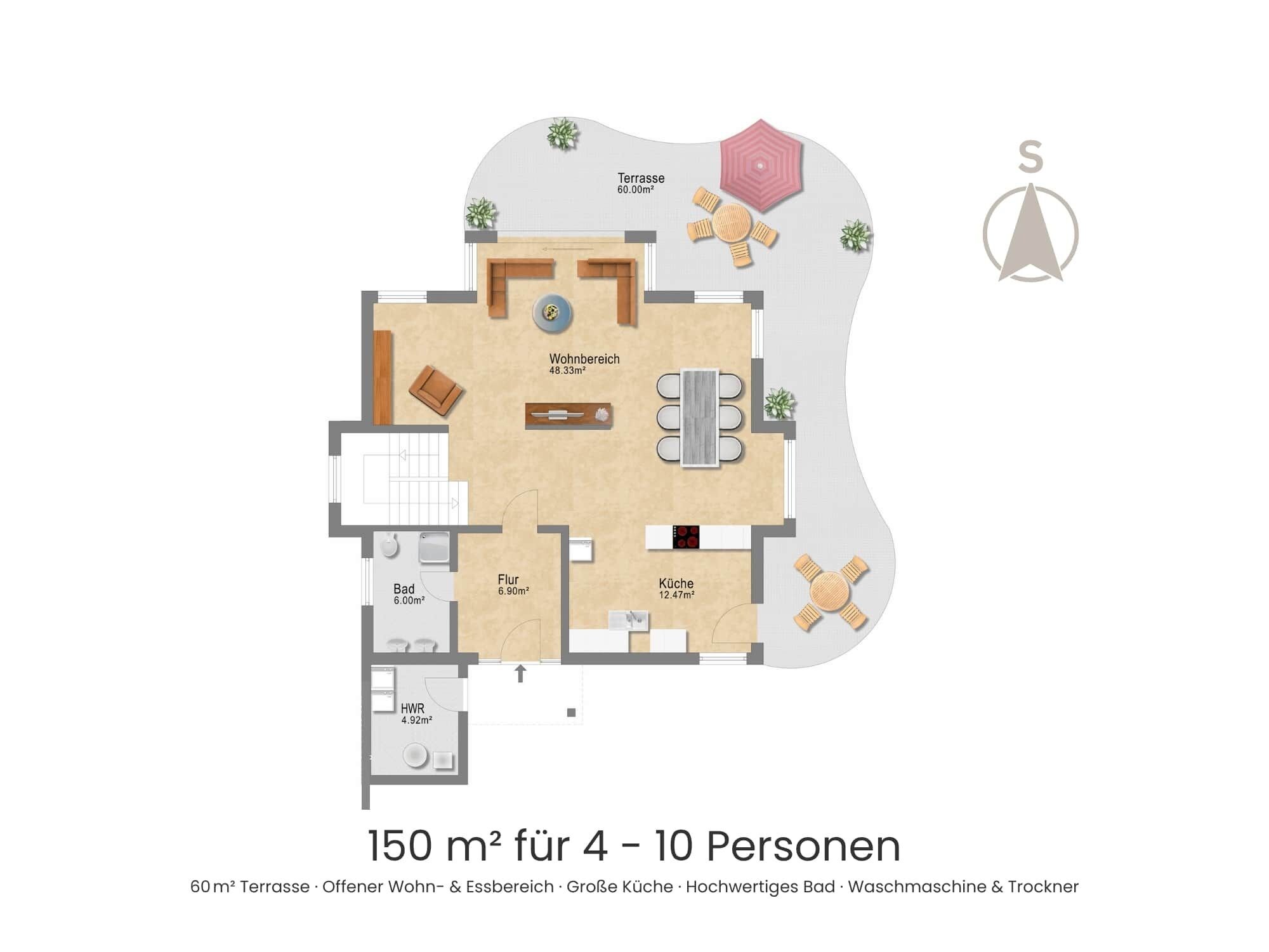 A floor plan of a 150 m² apartment with 4-10 persons capacity, including a terrace, living room, kitchen, bathroom, and a small storage area.
