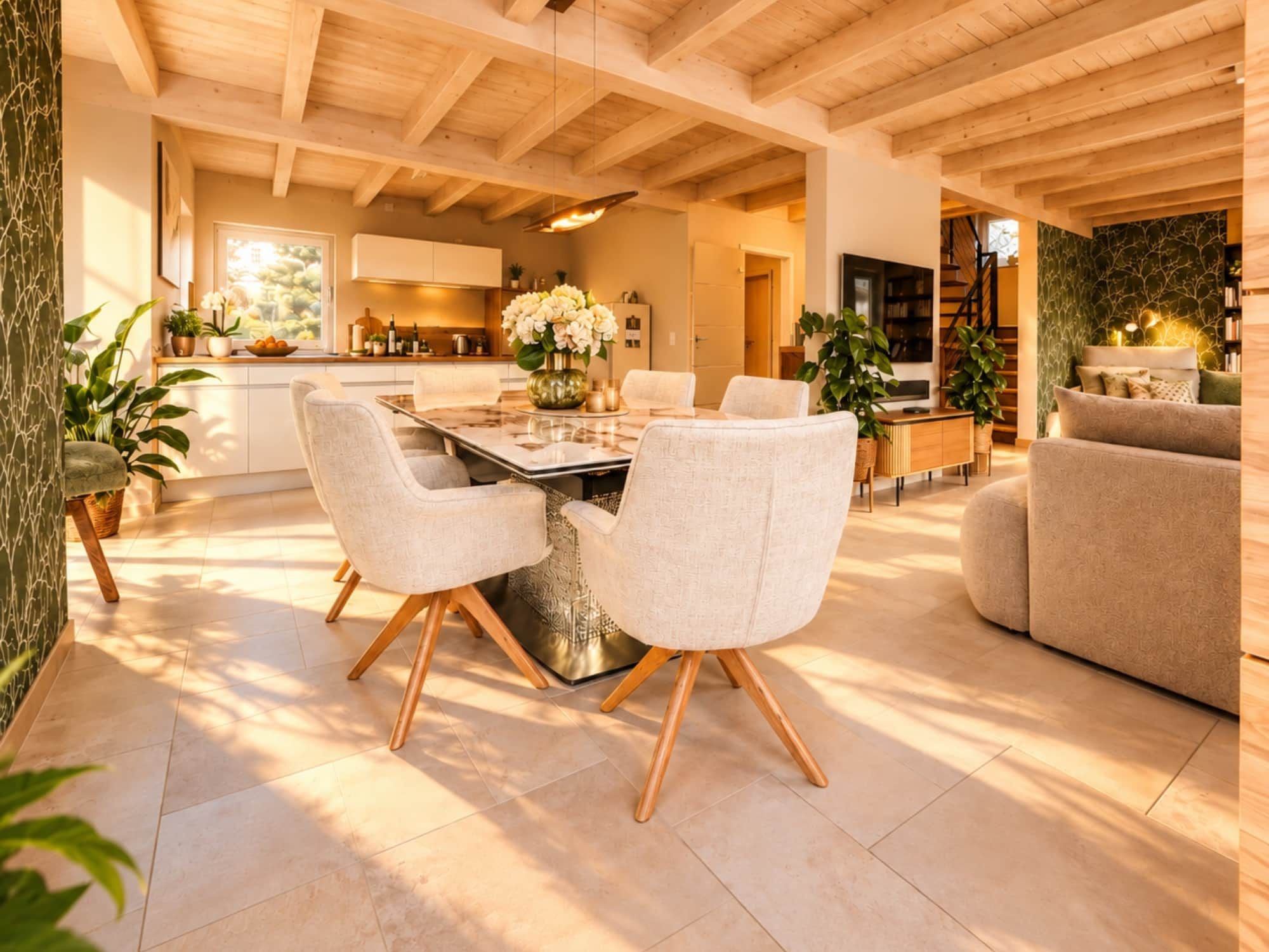 A spacious living area with a dining table, comfortable seating, and a kitchen in the background.