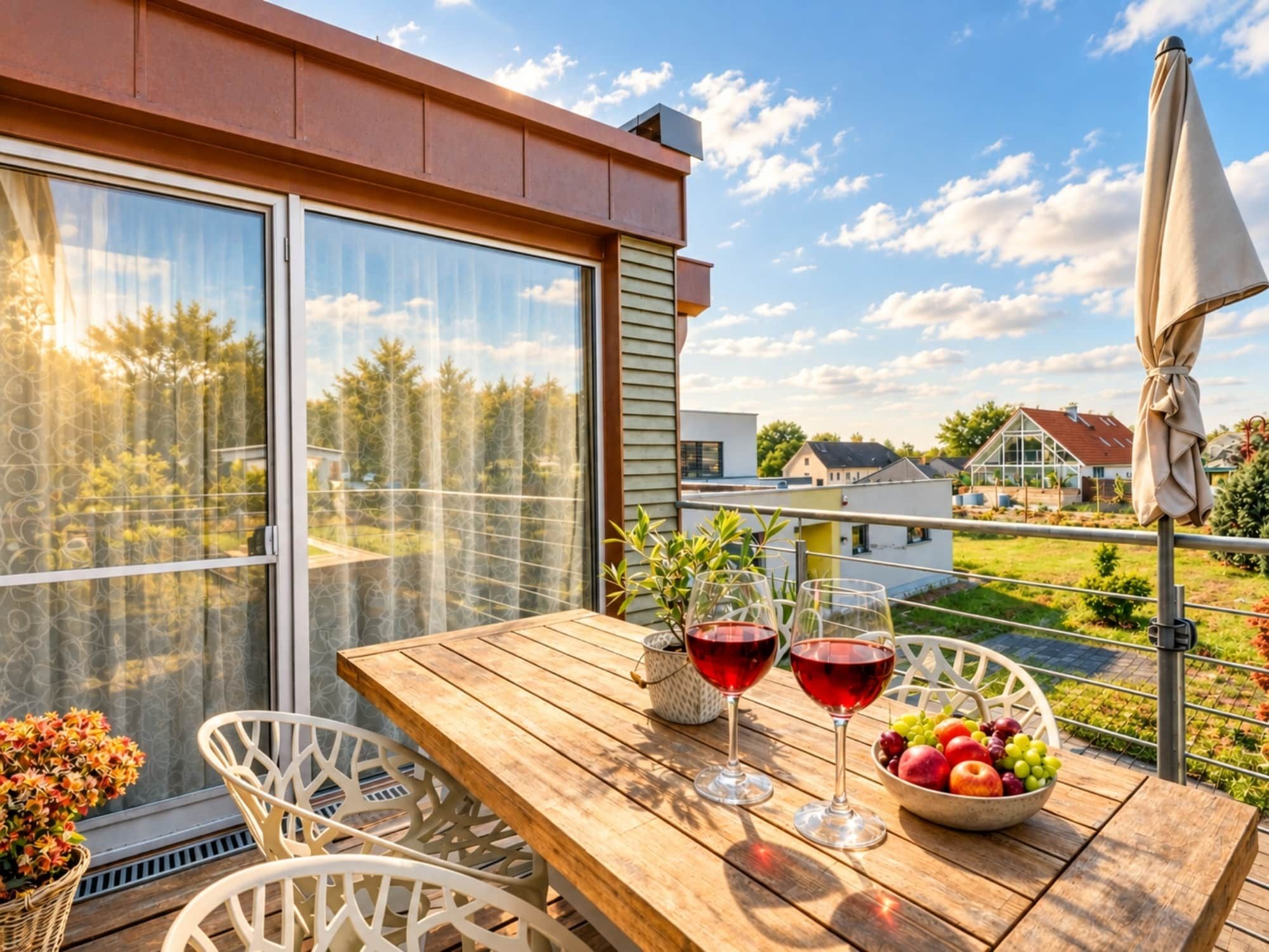 A wooden table with two wine glasses and a bowl of fruit on a balcony with a view of houses and trees.