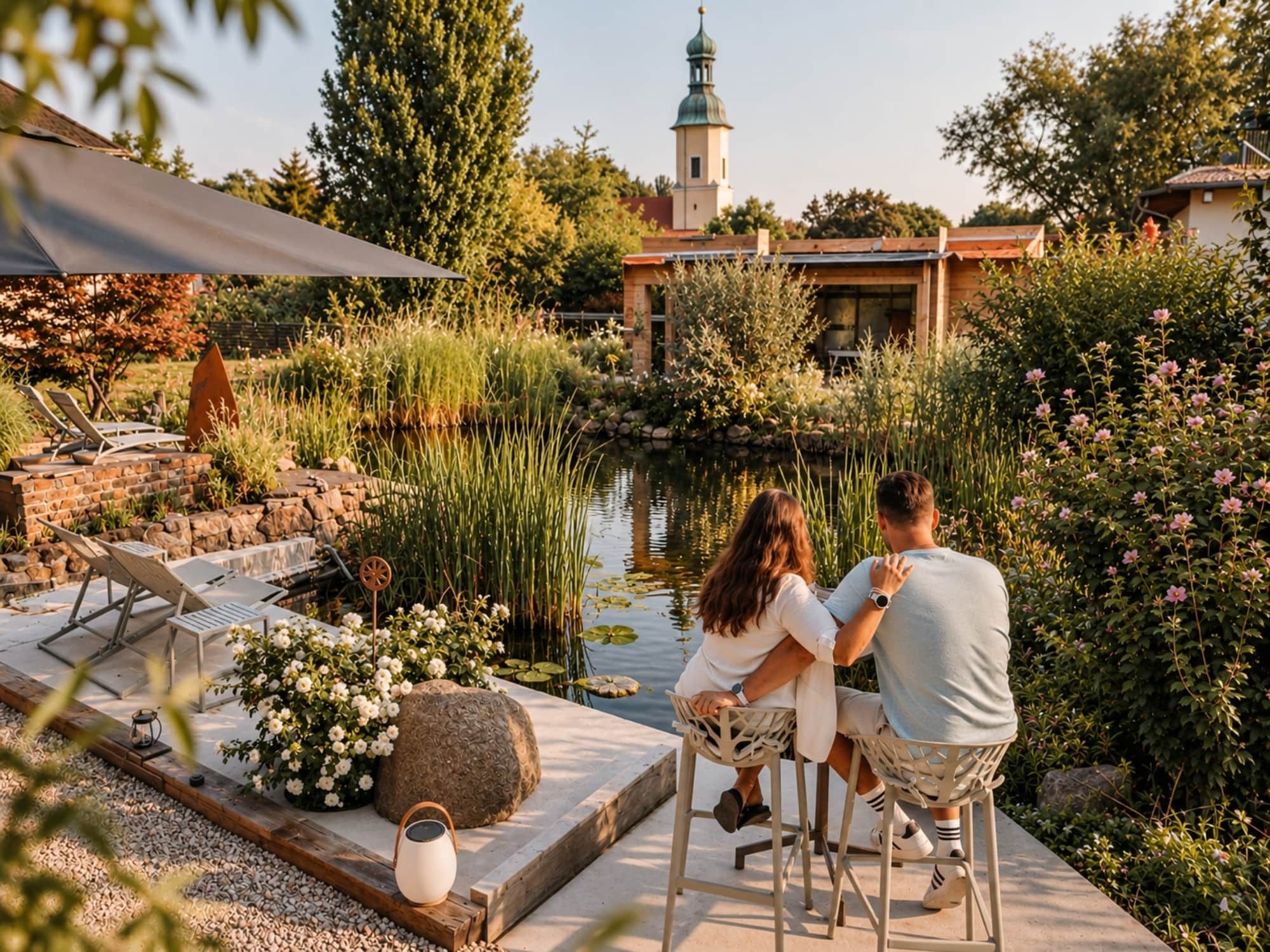 A couple sitting at a table by a pond with a gazebo and lounge chairs in the background.
