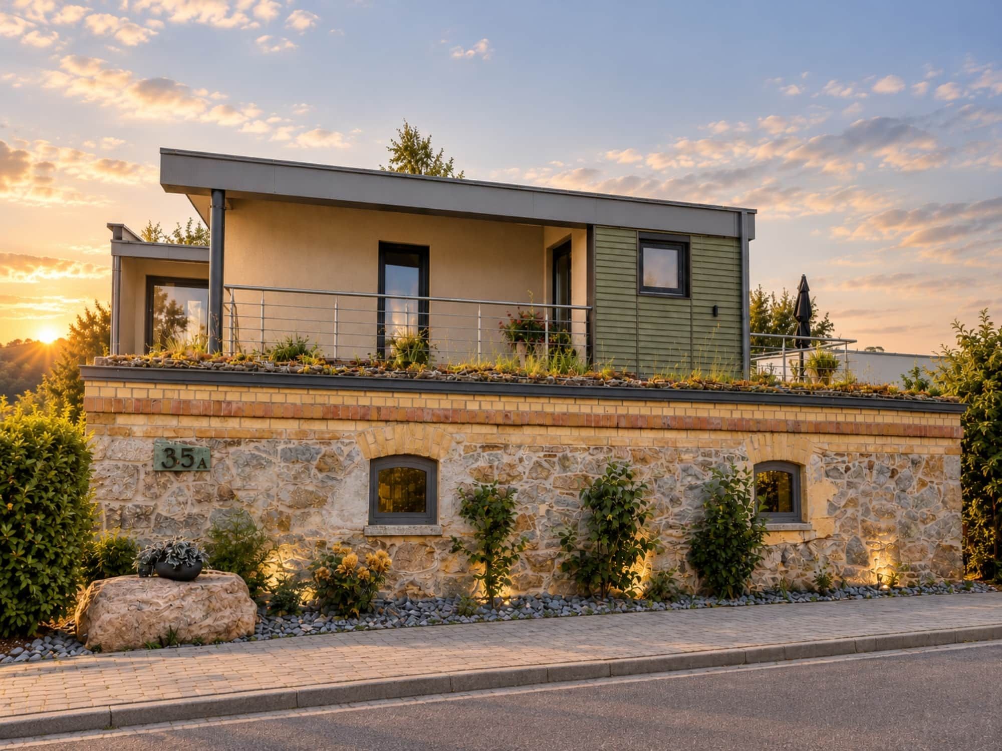 A modern two-story building with a stone facade, numbered 35A, featuring a balcony with plants and a clear view of the sunset.