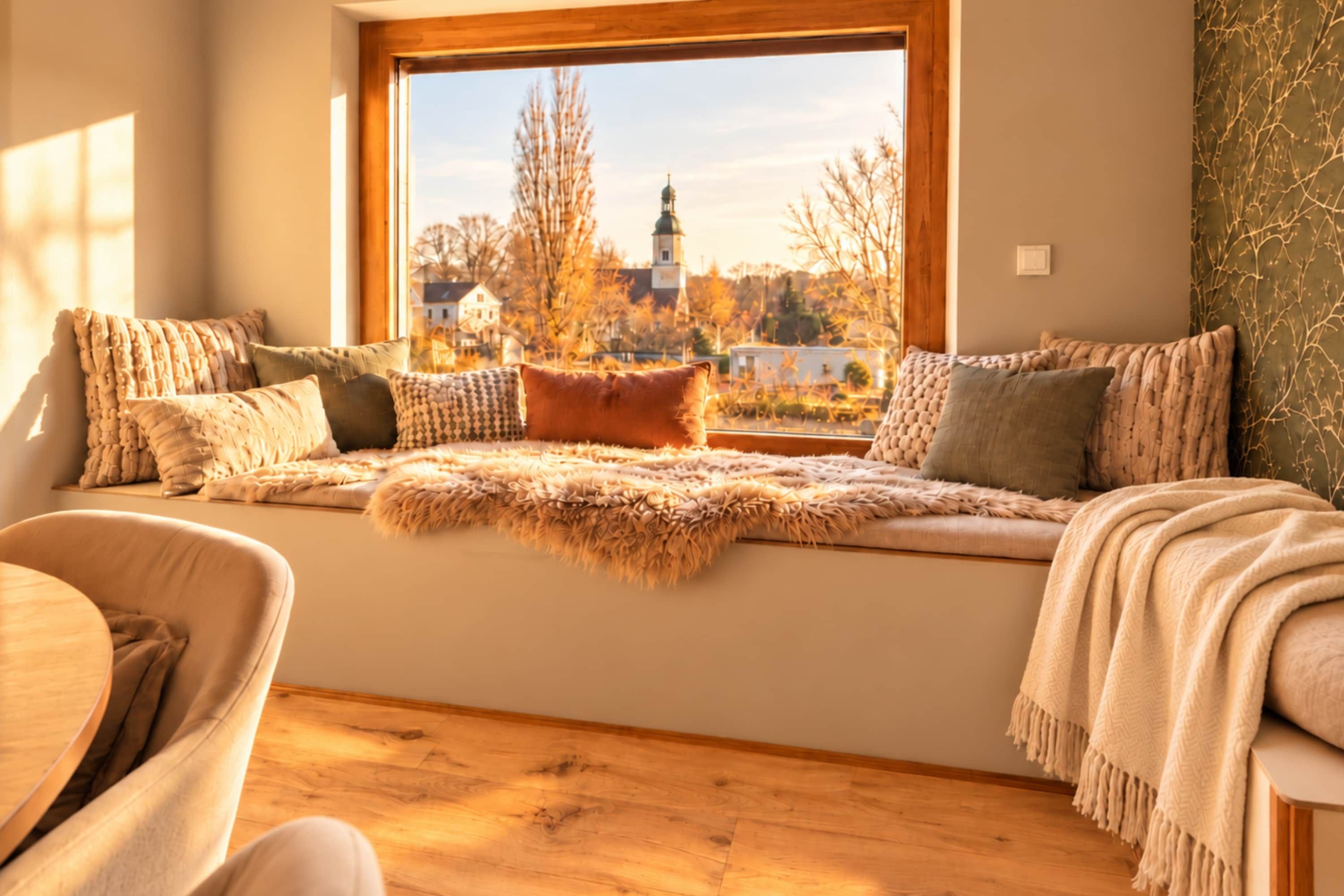 A cozy seating area with a view of a building and trees.