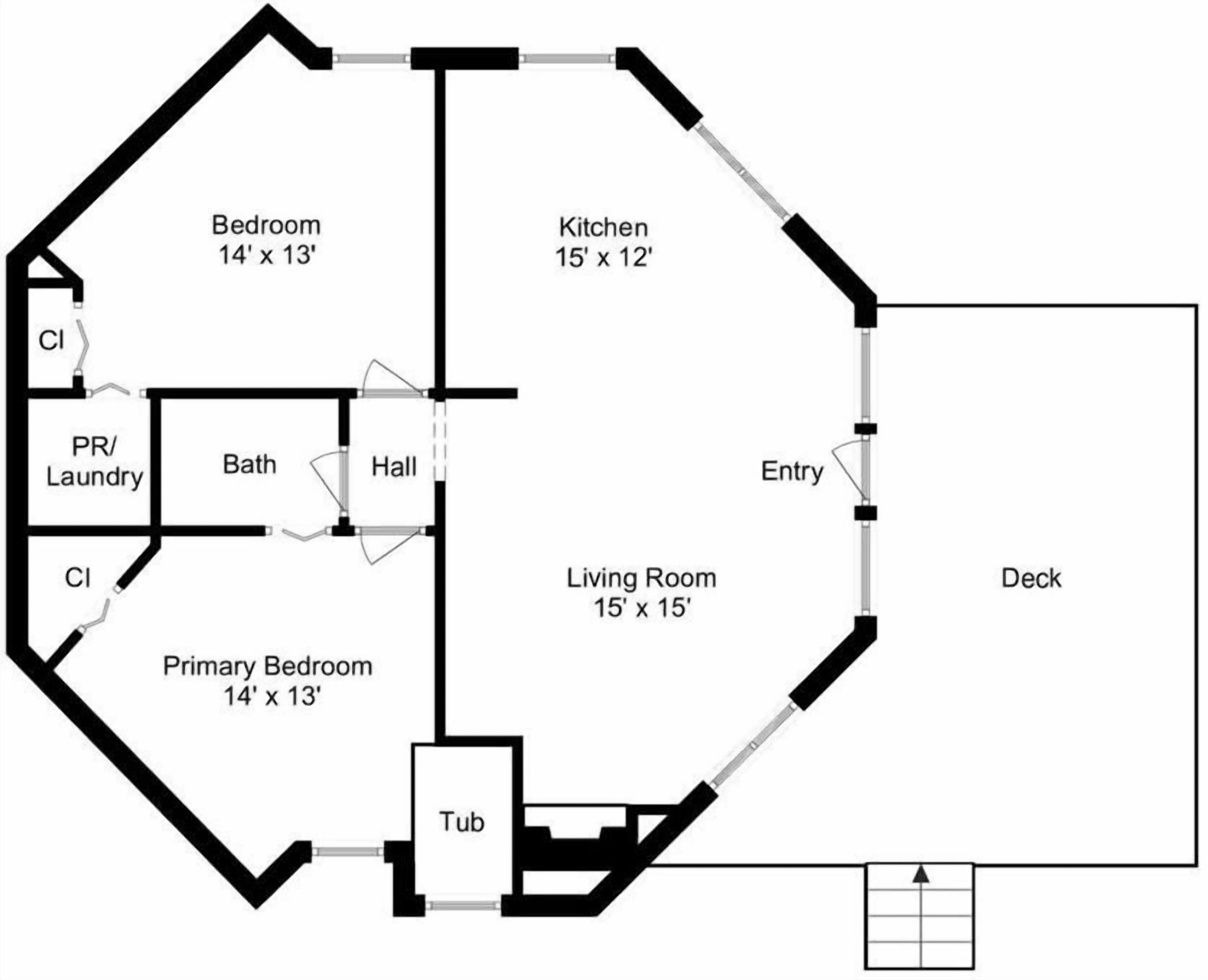 A floor plan with a bedroom, bathroom, living room, kitchen, and entry.