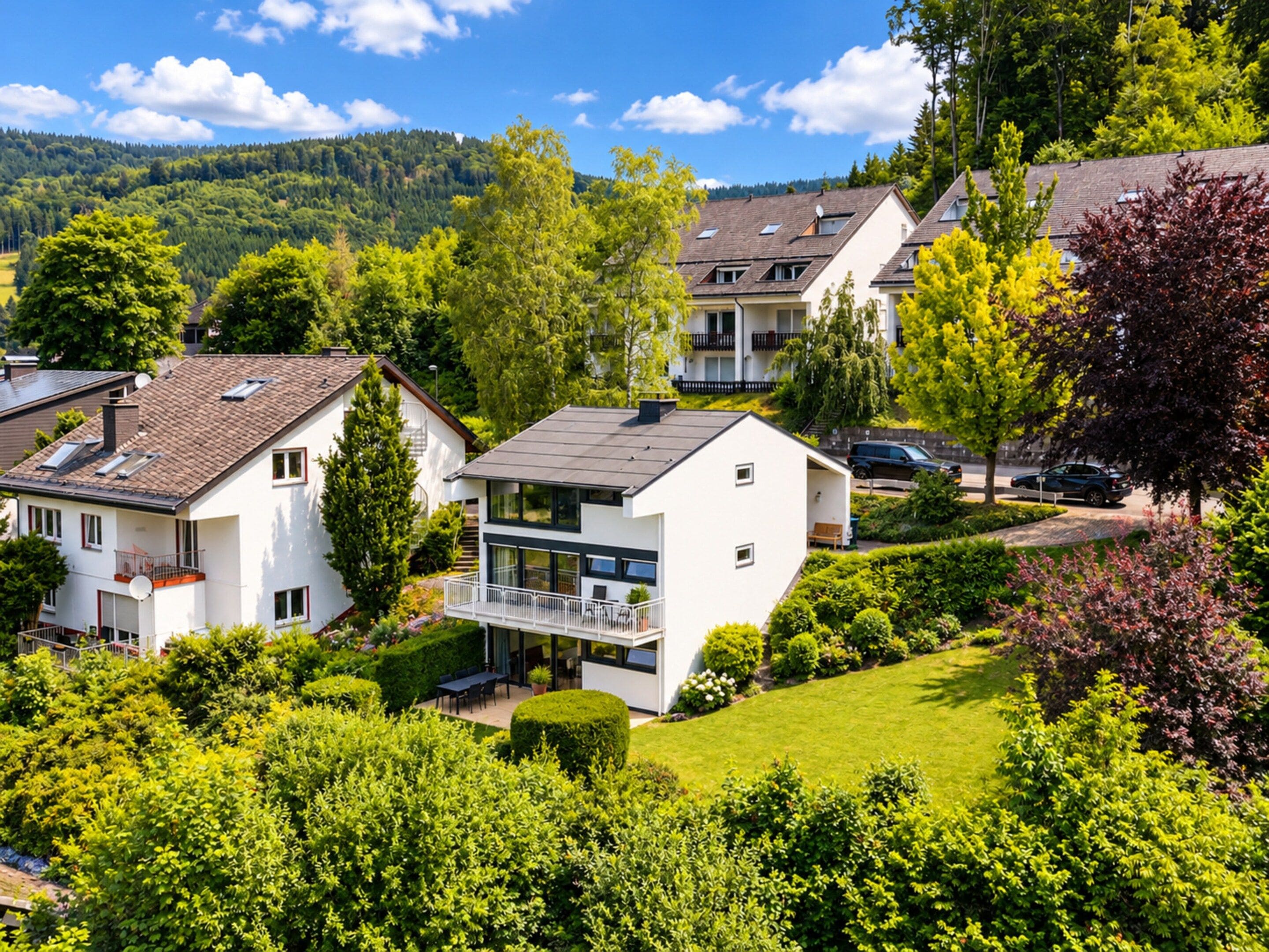 Une maison moderne à deux étages, dotée d’un balcon, entourée d’une végétation luxuriante et située dans un paysage vallonné.