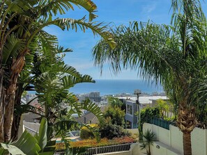 A residential area with a view of the ocean, surrounded by lush greenery and modern buildings. - One bedroom apartment with parking in Fresnaye (Cape Town)