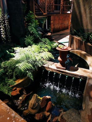 Um jardim com um elemento aquático, incluindo uma pequena cascata e um lago rodeado por pedras e samambaias.
