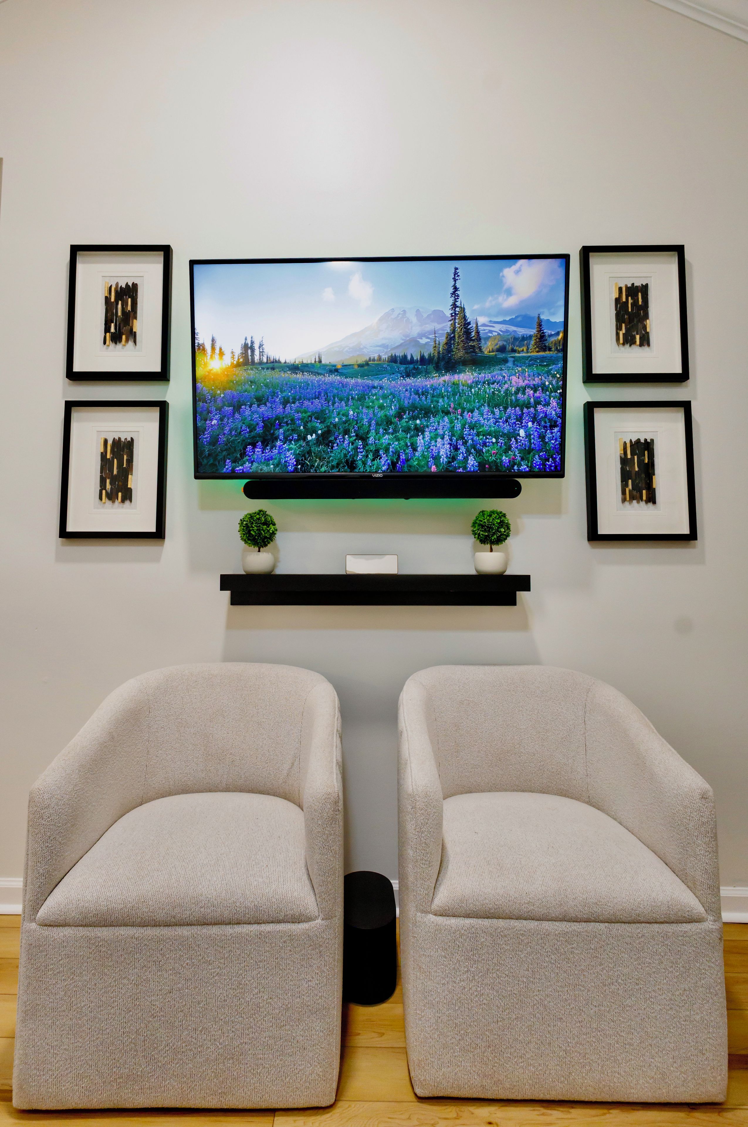 A living room with a flat-screen TV mounted on the wall, flanked by two framed abstract art pieces and two small potted plants on a shelf below.