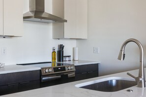 Eine moderne Küche mit Edelstahlgeräten, einer schwarzen Arbeitsplatte und einem Einzelwaschbecken.