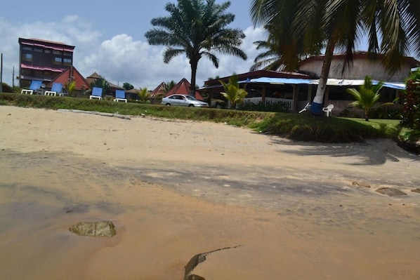 A beach with a sandy shore, palm trees, and buildings in the background. - Oceanic Beach Hotel (Kribi)