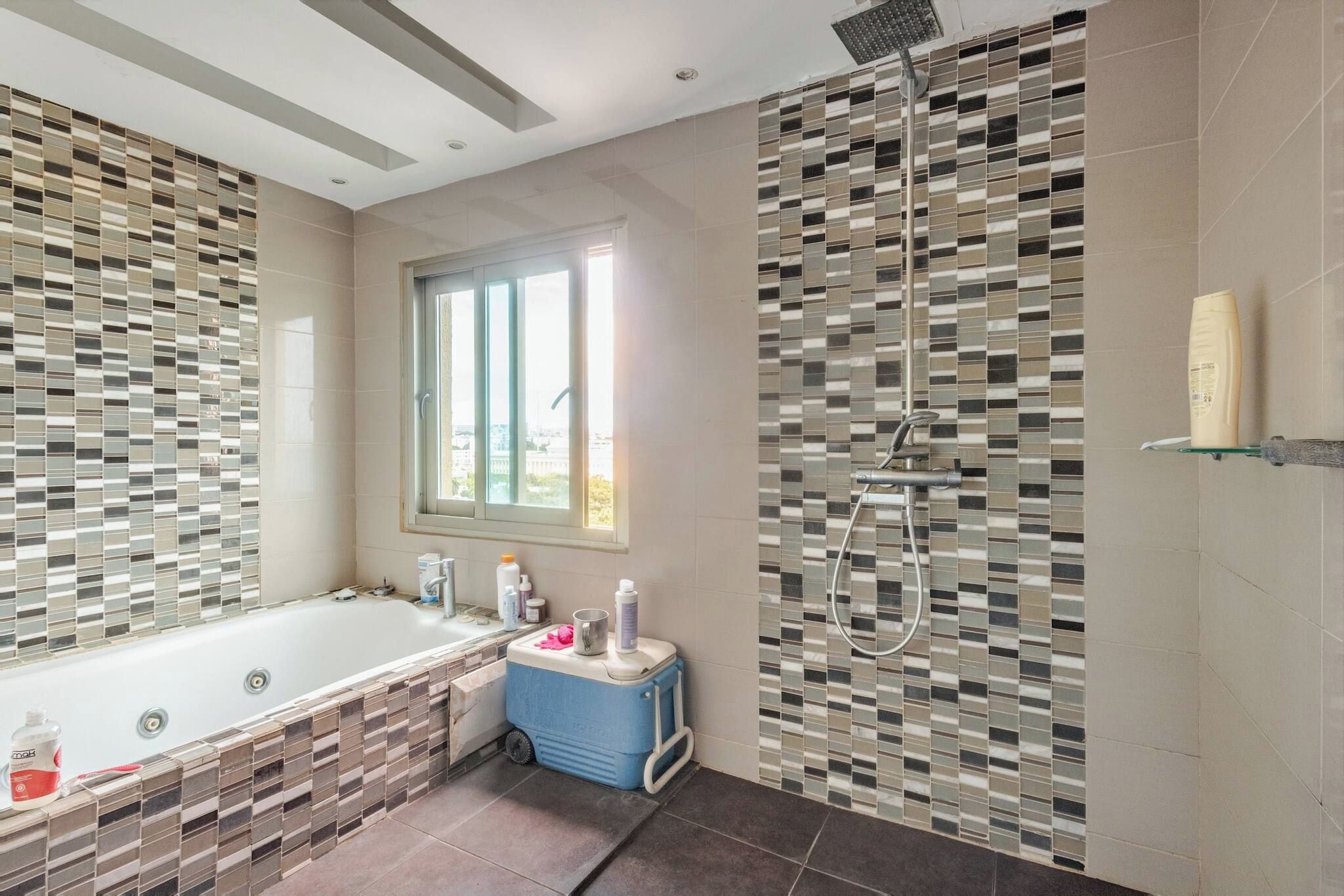 Une salle de bain moderne dotée d’une grande baignoire, d’une douche et d’une fenêtre laissant entrer la lumière naturelle.
