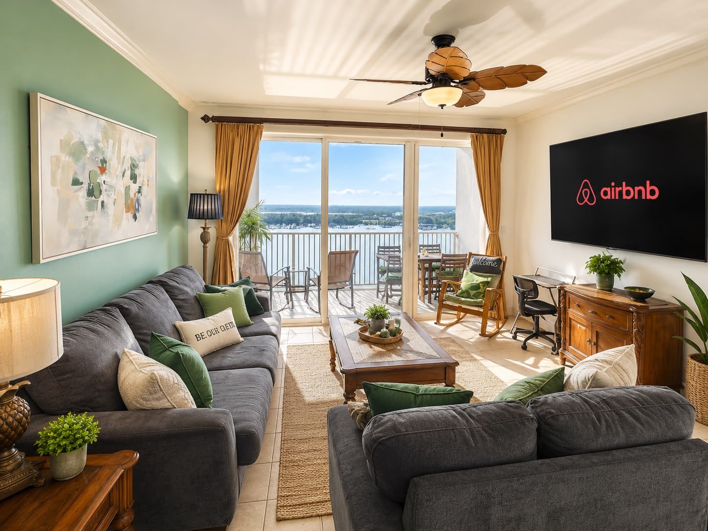 A living room with a sofa, coffee table, and a TV mounted on the wall.
