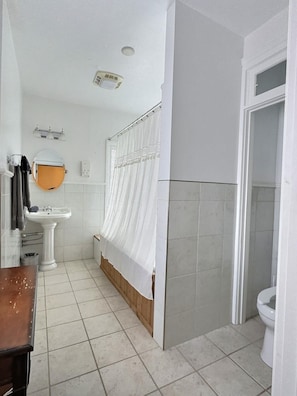 A bathroom with a pedestal sink, a toilet, and a shower curtain. - Lasalle Bed Breakfast (Fort Wayne)