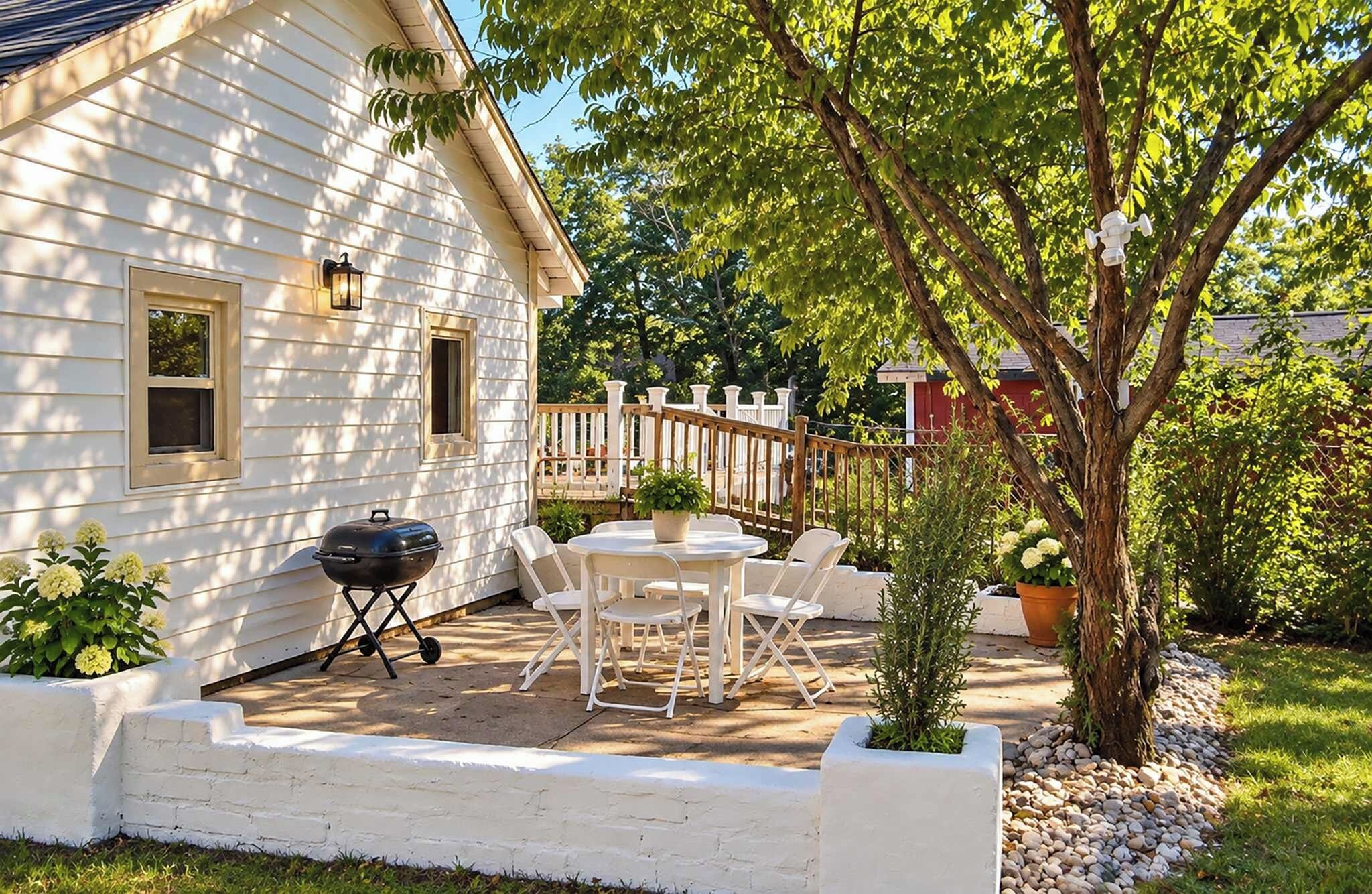 Een woning met een terras, een barbecue, buitenmeubilair en een omheinde tuin.