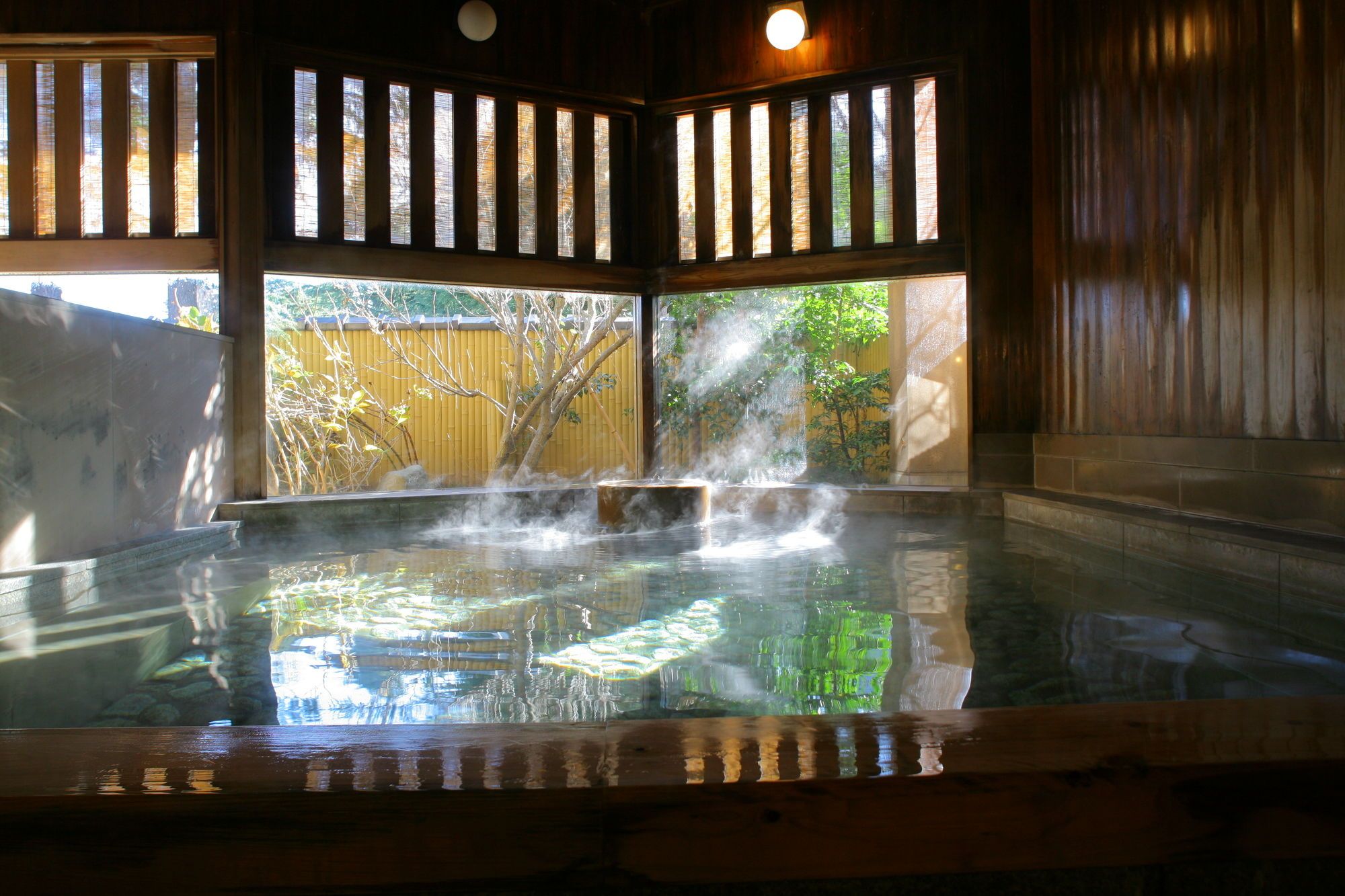 A hot spring bath with steam rising, surrounded by wooden walls and a view of trees.