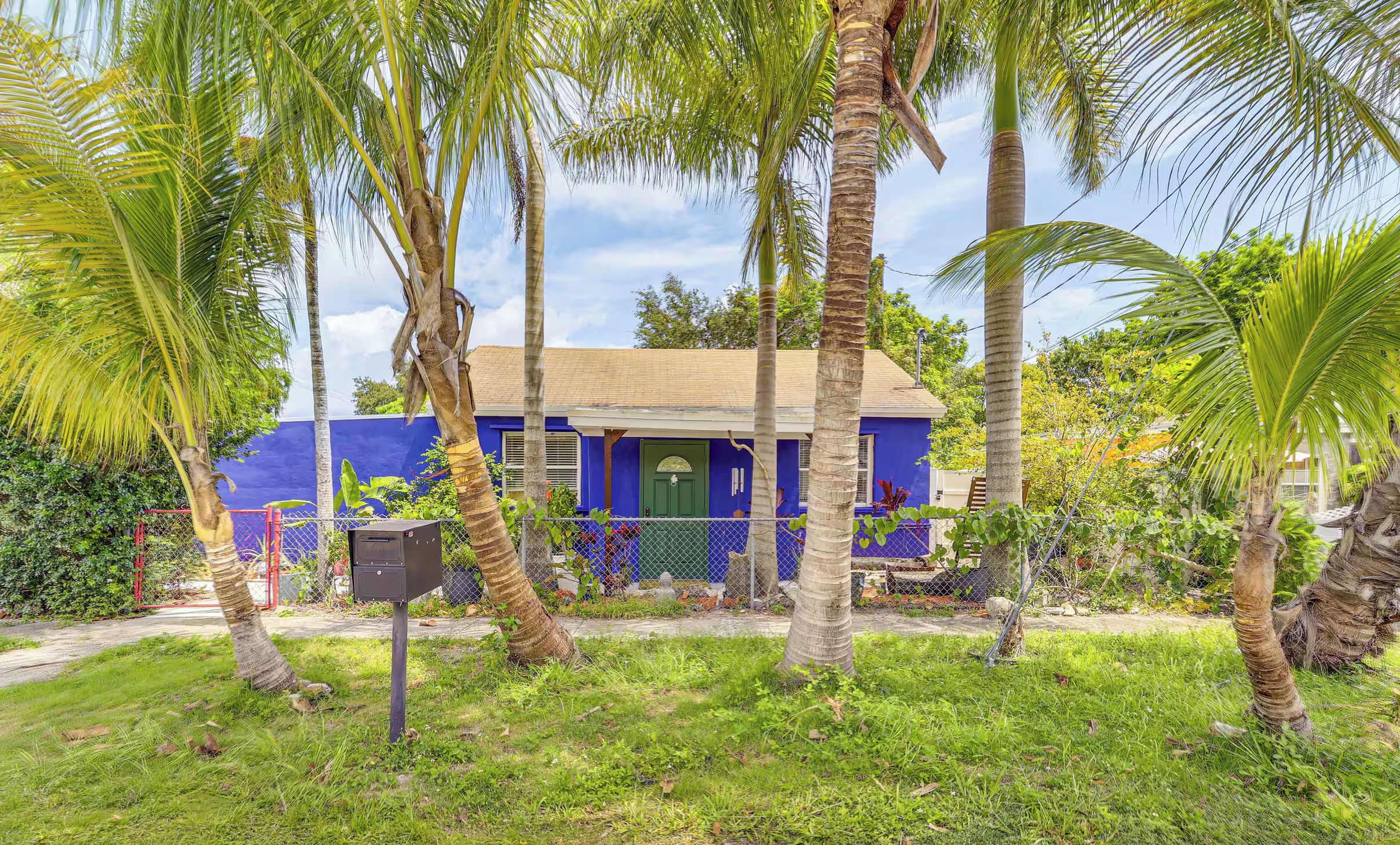 Una casa de fachada azul, rodeada de palmeras y vegetación.