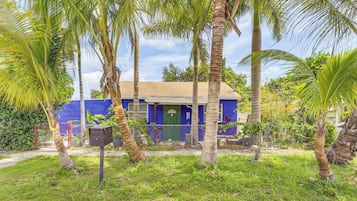 Una casa de fachada azul, rodeada de palmeras y vegetación.