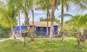 Una casa de fachada azul, rodeada de palmeras y vegetación.
