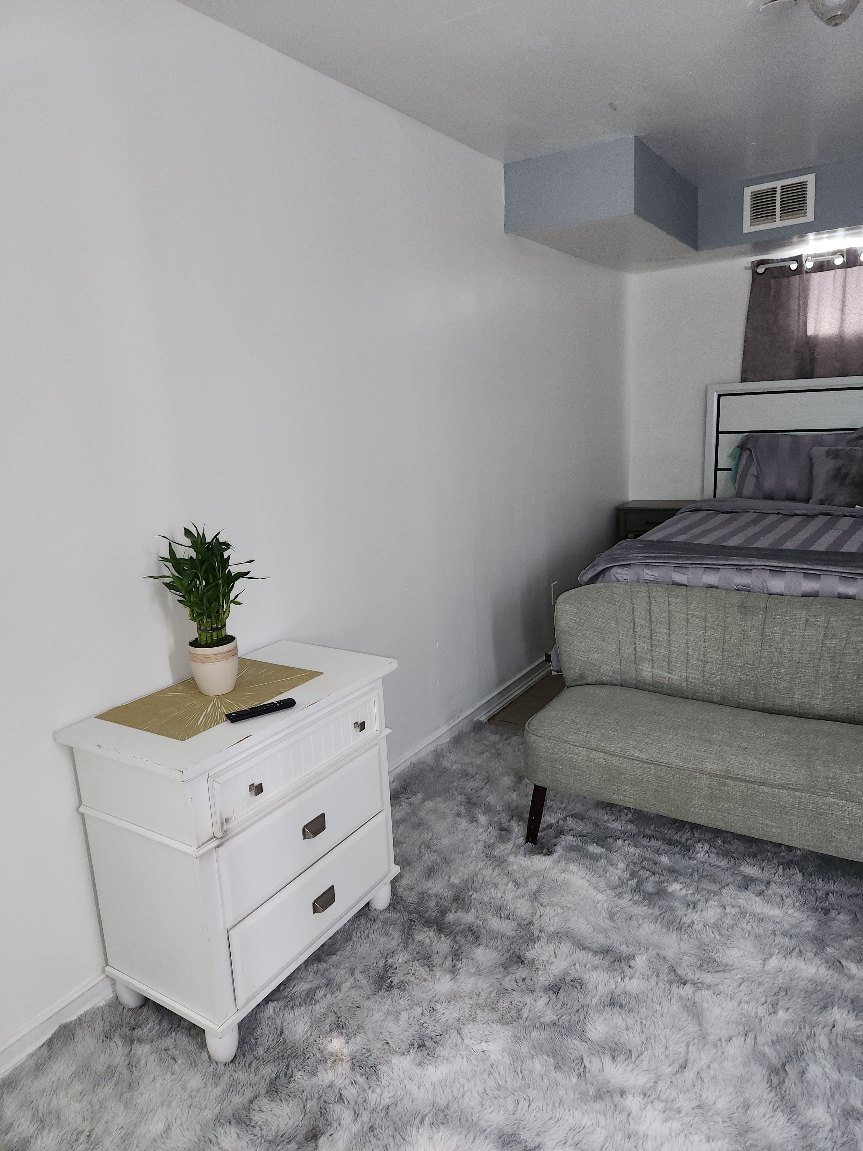 A bedroom with a bed, a white dresser with drawers, a fluffy rug, and a potted plant.