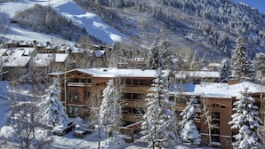 A snow-covered lodge with multiple floors, surrounded by snow-laden trees and a mountain backdrop. - Downtown Aspen Collection by Frias (Aspen)