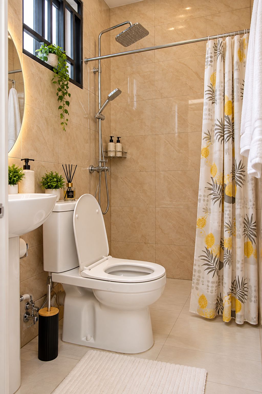 Shower, hair dryer, bidet, towels