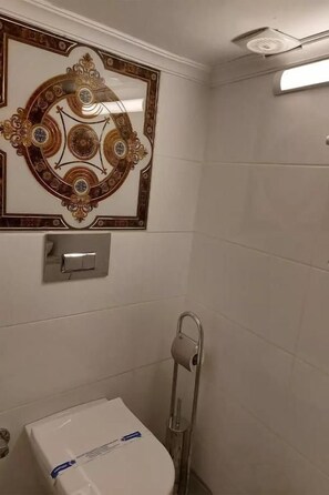 Douche, sèche-cheveux, serviettes fournies, savon