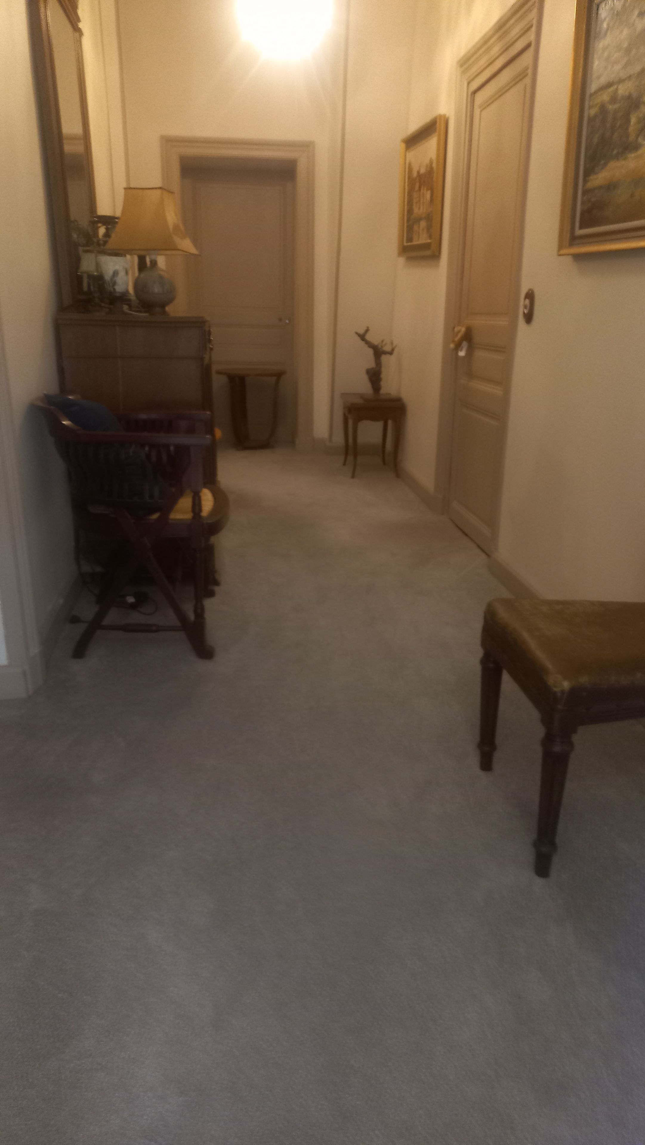Un pasillo con una lámpara, un sillón, una mesita con una escultura y una puerta.