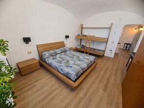 Una habitación con una cama individual, una cama nido de madera, una mesita de noche, un televisor montado en la pared y una planta.