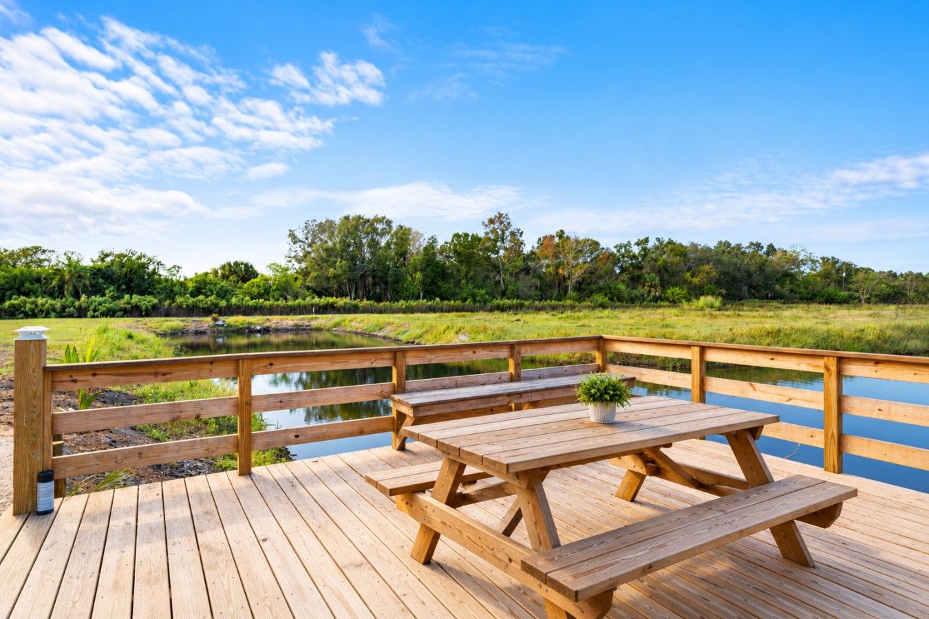 A wooden deck with picnic tables and benches overlooking a pond and forest.