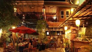 Un espacio de comedor al aire libre con mesas y sillas, rodeado de plantas en macetas y un paraguas rojo.