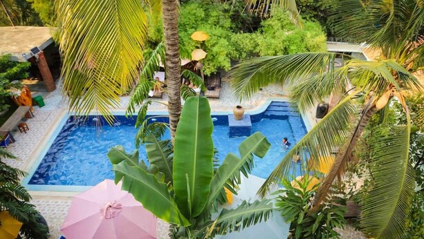 Una piscina rodeada de palmeras y zonas de estar al aire libre.