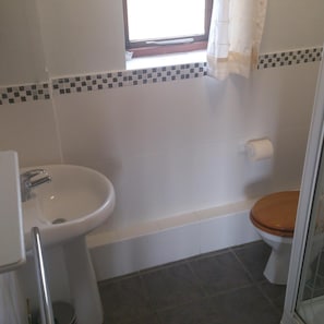 A bathroom with a white sink, a toilet, and a shower area.